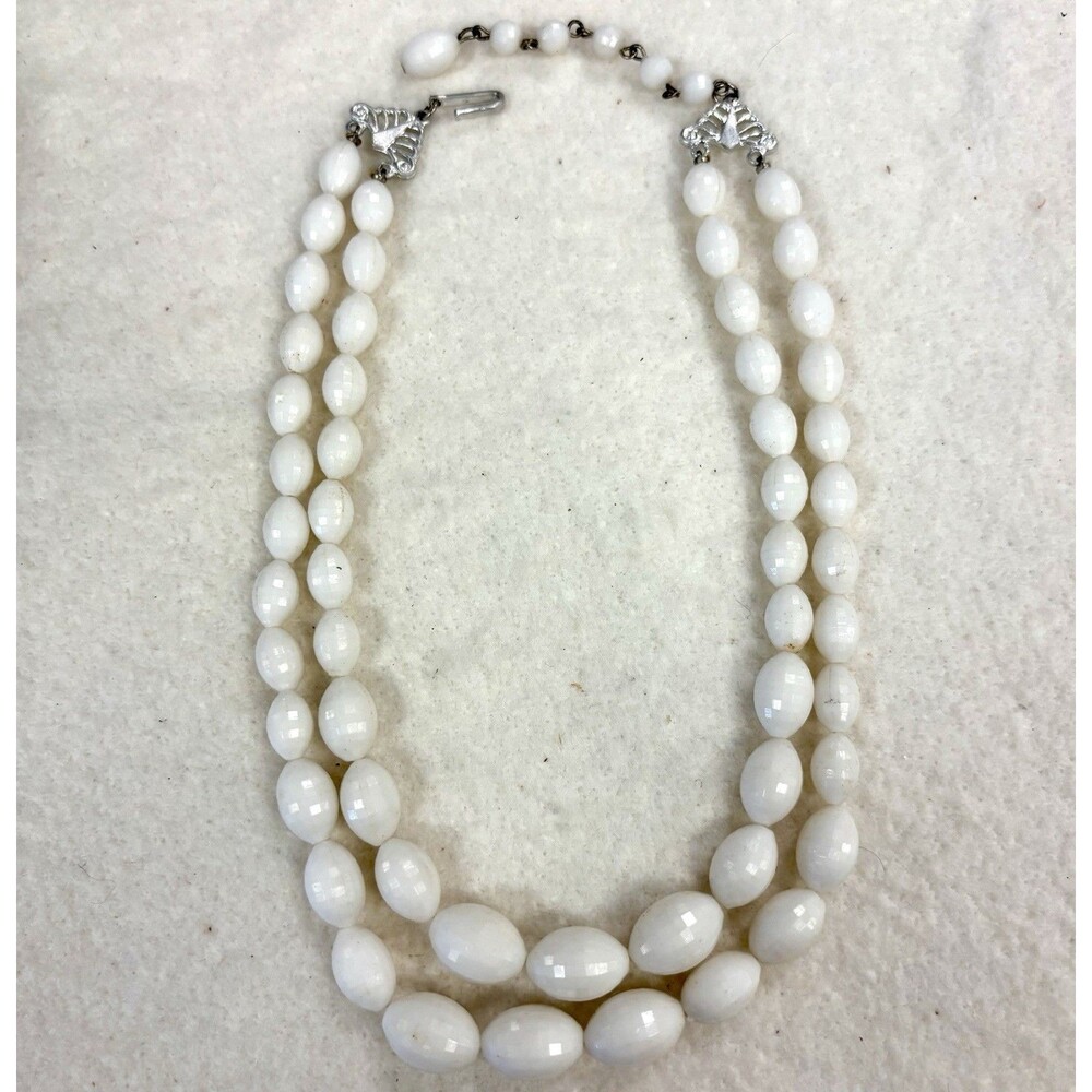 Vintage Hong Kong White Plastic Bead Necklace 16” Double Strand Graduated MCM